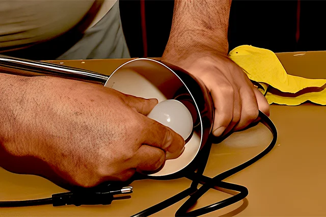 Hands of a man replacing the bulb of a black table lamp