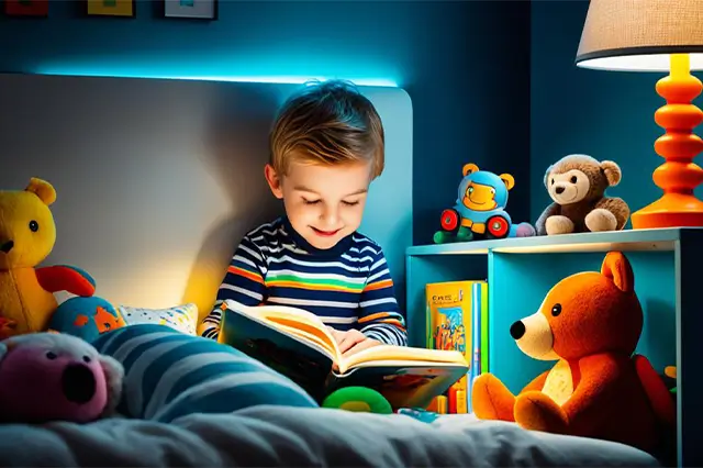 A little boy reading under the light of a table lamp made for for kids room