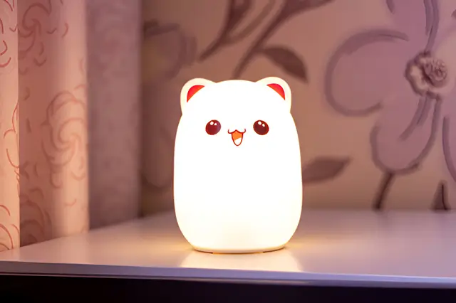 A white bear shaped lamp for kids glowing on a bedside table